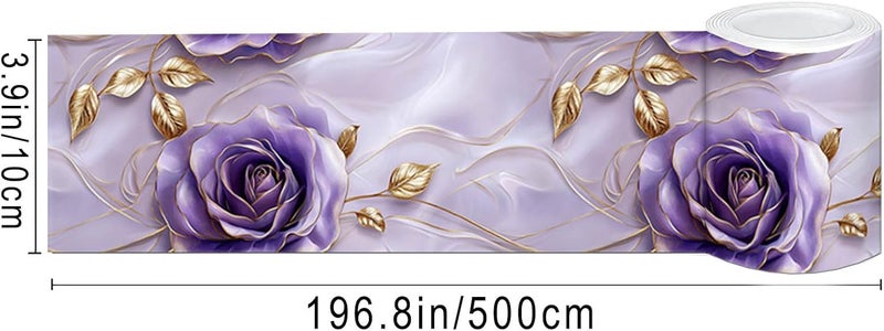 IVN Wallpaper Border Peel and Stick Wall Accent 4x196 Inch PVC Purple Rose Gold Leaf Pattern Self Adhesive Decorative Wall Trim for Living Room Bedroom Hallway Elegant Romantic Style - Image 3